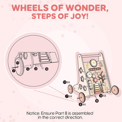 ROBUD Wooden Baby Walker, Baby Push Walker with Activity Center and Storage, Montessori Walker Toy for Boys and Girls Learning to Stand and Walk, Pink
