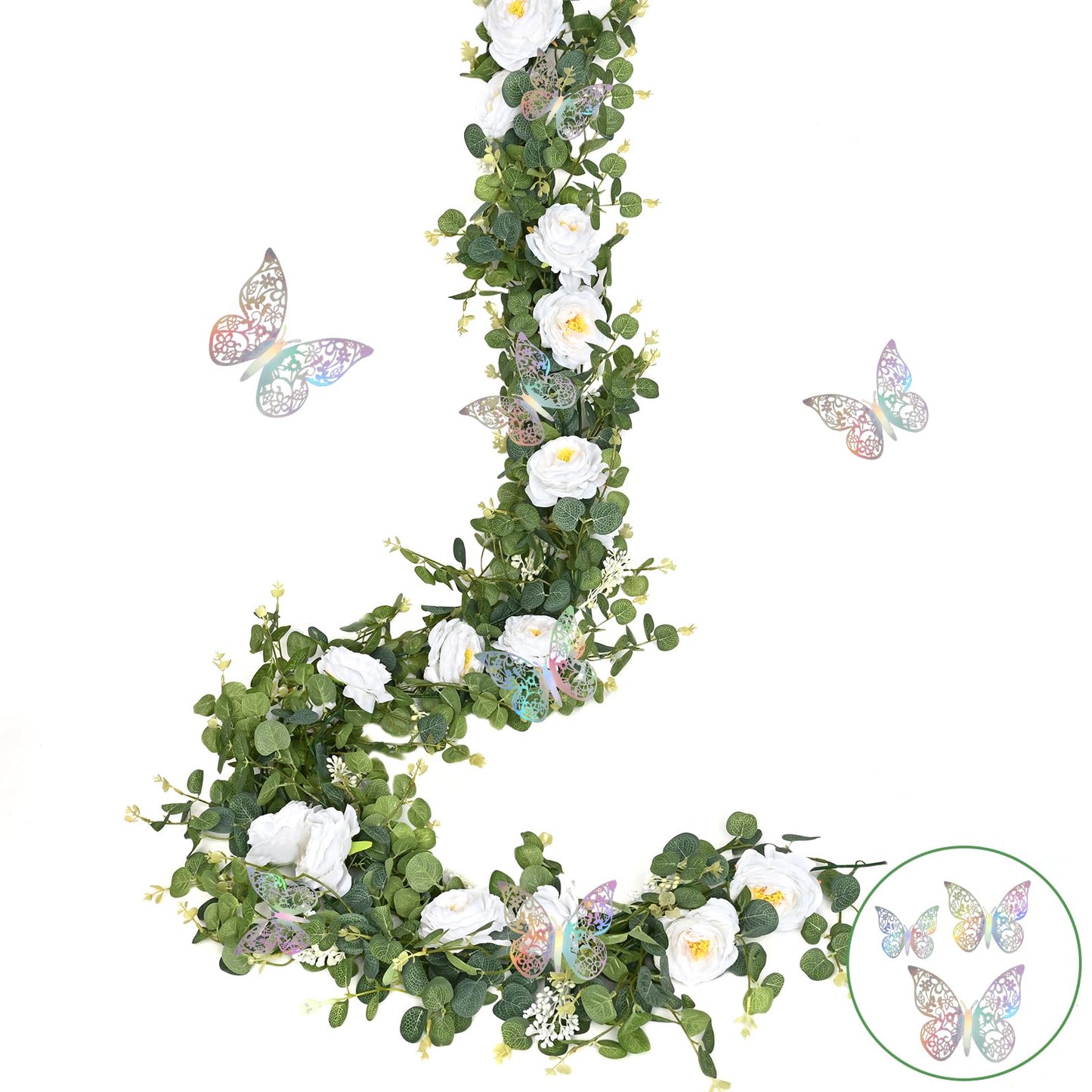 Yastouay 6.4 Ft Fuller Artificial Eucalyptus Garland with Champagne Flowers Fake Rose Vine for Table Centerpiece Wedding Baby Shower Party Room Backdrop Decor