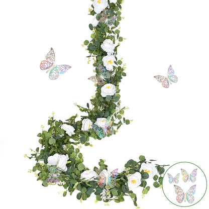 Yastouay 6.4 Ft Fuller Artificial Eucalyptus Garland with Champagne Flowers Fake Rose Vine for Table Centerpiece Wedding Baby Shower Party Room Backdrop Decor