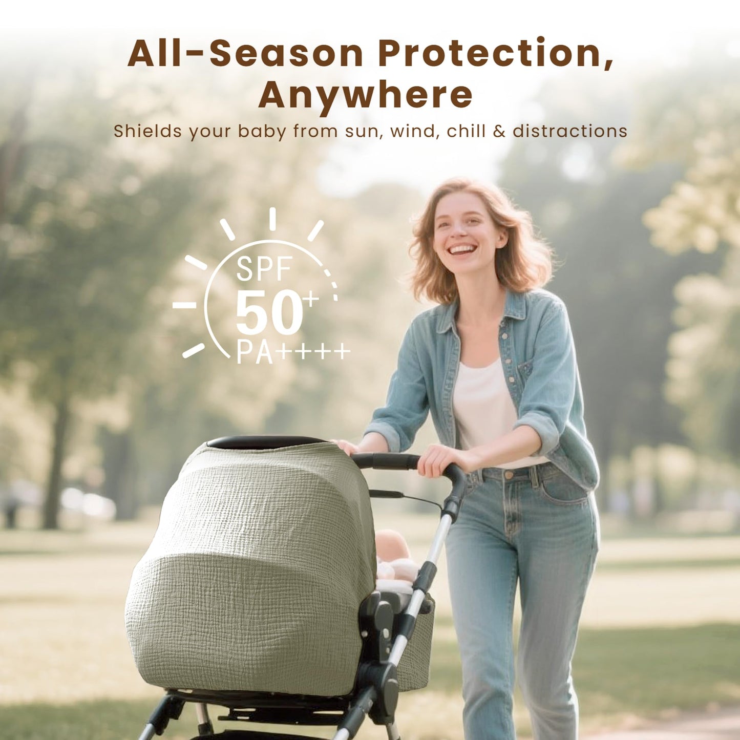 Konssy Car Seat Cover for Baby, Muslin Cotton Button Open Stroller Canopy for Babies Shower Gifts and Registry Search, Breathable Infant Sunshade Cover, Must Have for Unisex Boys and Girls, Fog Green