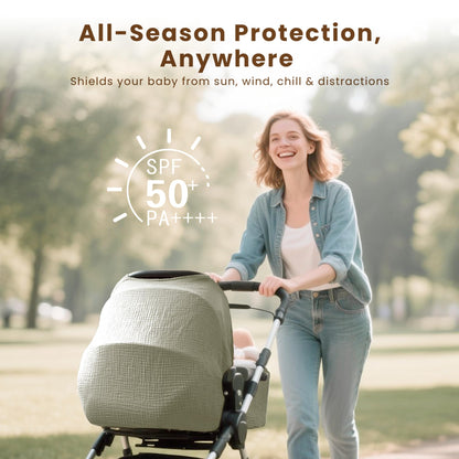 Konssy Car Seat Cover for Baby, Muslin Cotton Button Open Stroller Canopy for Babies Shower Gifts and Registry Search, Breathable Infant Sunshade Cover, Must Have for Unisex Boys and Girls, Fog Green