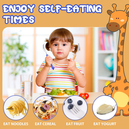 lohodo Toddler Utensils Kids Spoon and Fork Set 18/8 Stainless Steel Silverware BPA Free Pink & Purple Cute Giraffe Child Flatware with Travel Case for Age 3+