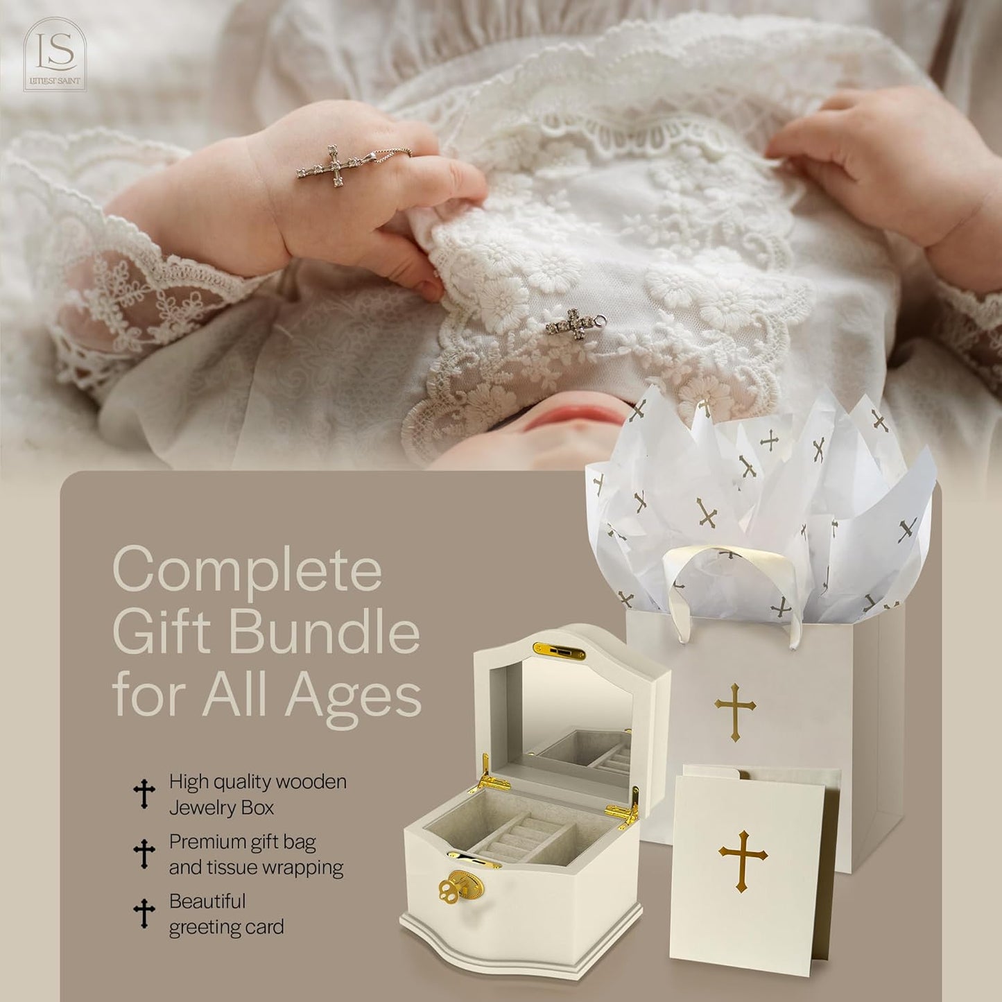 Littlest Saint- Baptism Gifts for Girl | First Communion Gifts for Girls-Keepsake Jewelry Box with Gift-Ready Bundle | Christian-Themed Baptism Jewelry Organizer with Gift Bag, Card, & Tissue