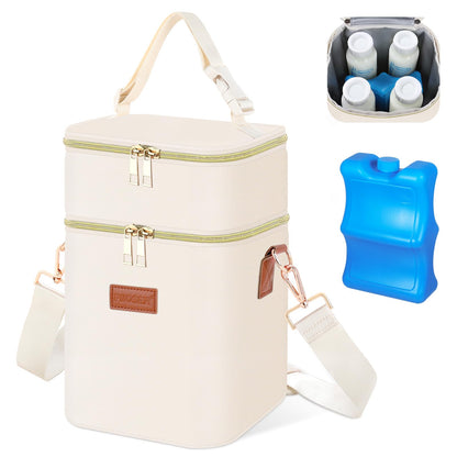 PIIOSER Baby Bottle Tote Bag with Ice Pack, Fits 4 Baby Bottles Up to 9 Ounce, Small Insulated Breastmilk Cooler Travel Bag with Shoulder Strap for Nursing & Working Mom Daycare (Cream-S)