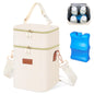 PIIOSER Baby Bottle Tote Bag with Ice Pack, Fits 4 Baby Bottles Up to 9 Ounce, Small Insulated Breastmilk Cooler Travel Bag with Shoulder Strap for Nursing & Working Mom Daycare (Cream-S)
