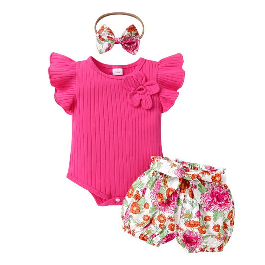 Tiny Cutey Baby Girl Clothes Infant Summer Outfits Set Ruffle Sleeve Romper and Floral Shorts with Headband