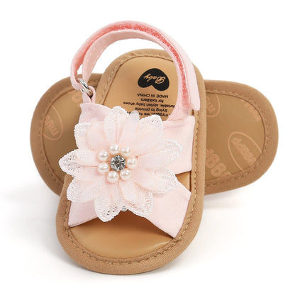 Baby Girls Princess Sandals, Big Rhinestone Flower Open Totes Anti-Skid Soft Sole Walking Shoes, Ankle Stick-On Summer Foot Wear