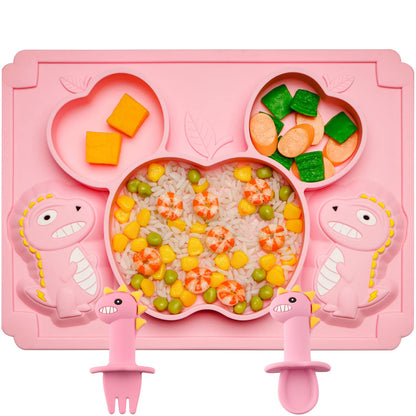 Silicone Suction Plates for Baby Toddler with Spoon Fork set Divided Dinosaurs Plates Self Feeding Training Baby Dinner Plate-Green Dinosaurs Plate Set