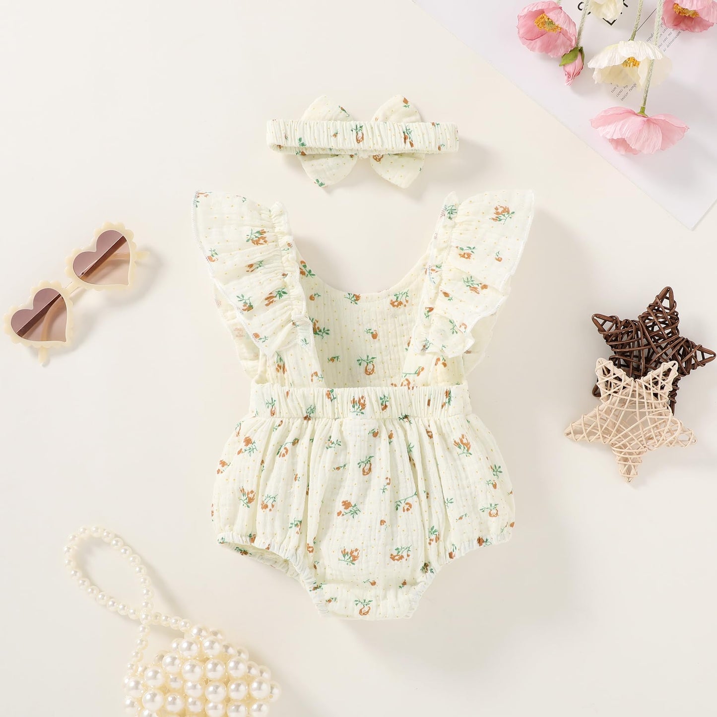 YOUNGER TREE Newborn Baby Girl Clothes Ruffle Sleeve Rompers Infant Backless Floral Jumpsuit Summer Outfits with Headband