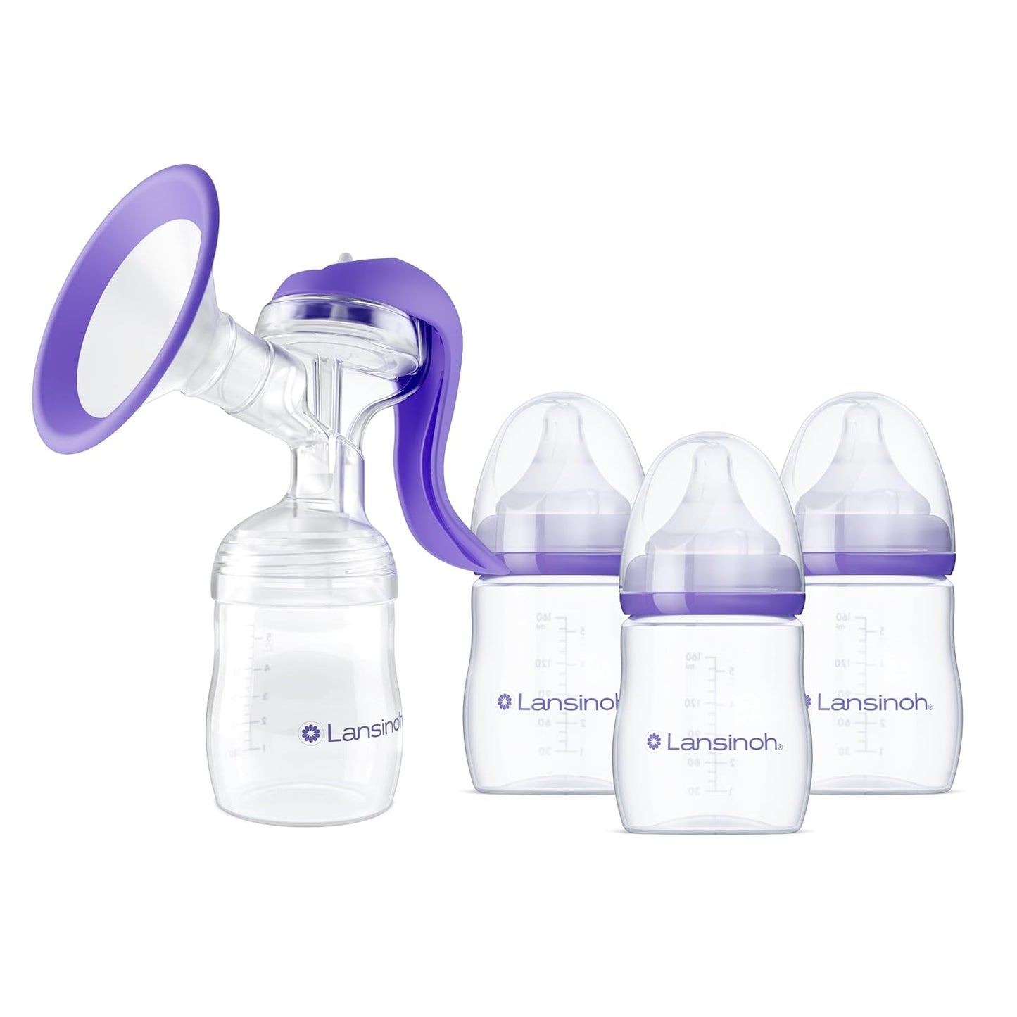 Lansinoh Manual Breast Pump, Hand Pump for Breastfeeding, Includes 5oz Baby Bottle + Baby Bottles for Breastfeeding Babies, Newborn Essentials, 5oz, 3 Ct, Includes 3 Slow Flow Nipples (Size 2S)