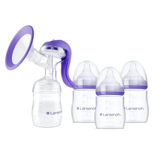 Lansinoh Manual Breast Pump, Hand Pump for Breastfeeding, Includes 5oz Baby Bottle + Baby Bottles for Breastfeeding Babies, Newborn Essentials, 5oz, 3 Ct, Includes 3 Slow Flow Nipples (Size 2S)