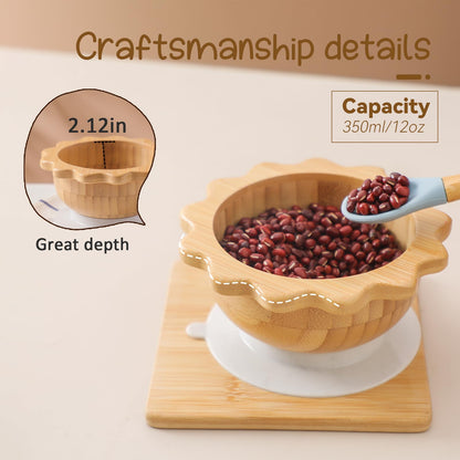 Bamboo Suction Plates Bowls Set for Baby Toddler Divided Platter Food bowl with Silicone Fork & Spoon All-Natural Baby Feeding Set for Baby-Led Weaning, Non-Slip Design