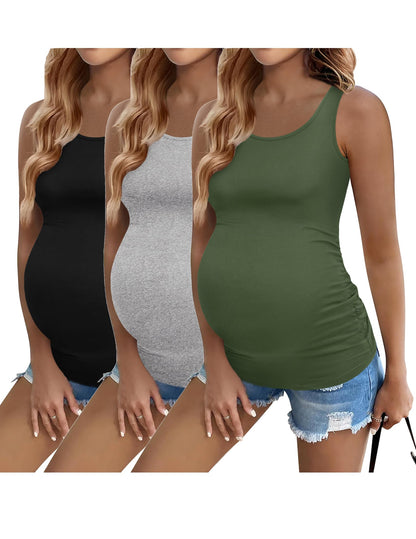 Ekouaer 3 Pack Women Maternity Tank Tops Ruch Side Basic Shirts Summer Postpartum Tops Sleeveless Pregnancy Workout Clothes