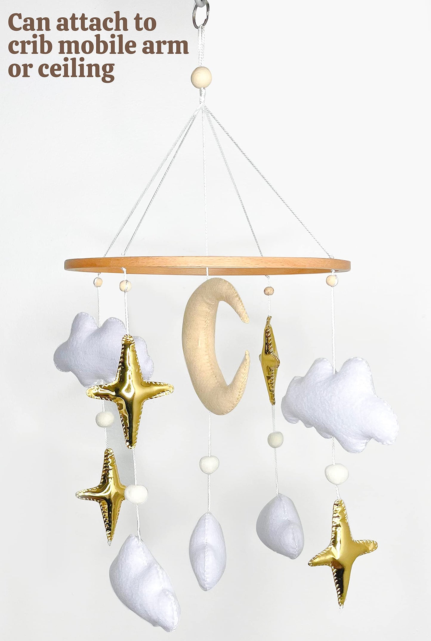 Baby Mobile for Crib - Handmade Modern Boho Baby Mobiles for Bassinet Felt Nursery Mobile Gender Neutral - Gold Moon and Stars - Girl Cribs Decorations