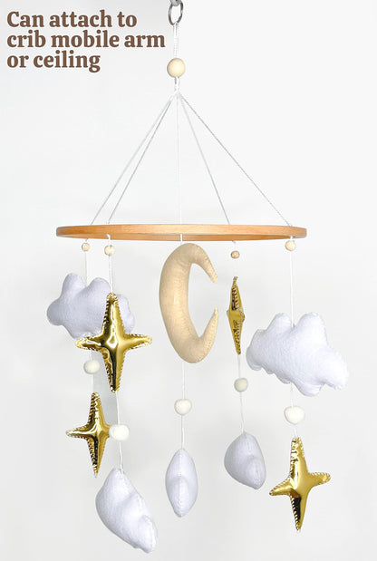 Baby Mobile for Crib - Handmade Modern Boho Baby Mobiles for Bassinet Felt Nursery Mobile Gender Neutral - Gold Moon and Stars - Girl Cribs Decorations