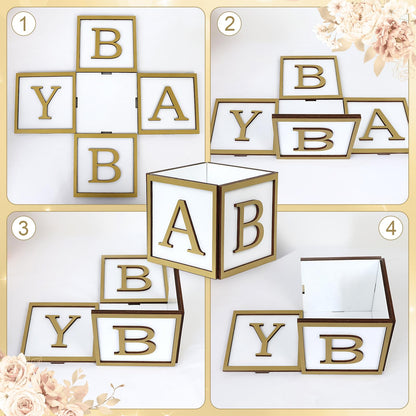 4 Set Baby Shower Centerpieces for Tables - 6 inch Wooden Boxes with Baby Letters Rustic Cube Planter Wood Blocks for Boy Girl Gender Reveal Party Favor (Blue)