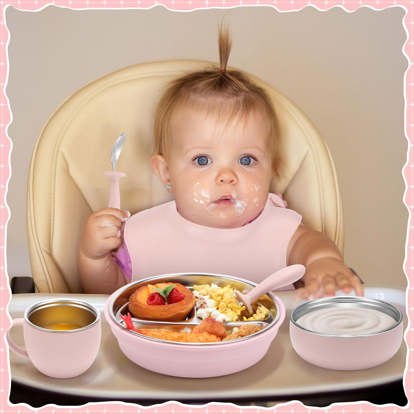 Nuogo 6 Pcs 304 Stainless Steel Kids Plates and Bowls Set Stainless Steel Suction Bowls and Toddler Cup with Removable Silicone, Forks Spoons Pocket Bib for Baby Toddle(Pink,Round)