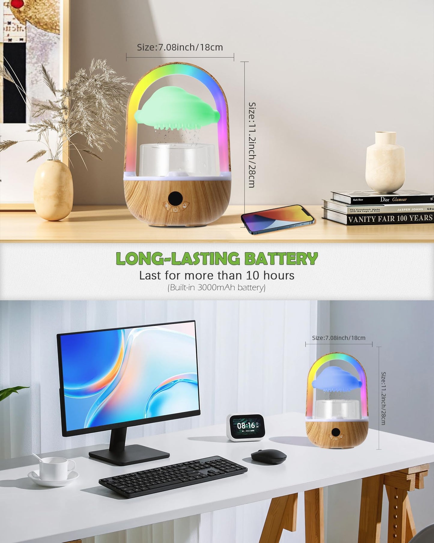 Weljoy Aromatherapy Essential Oil Diffuser Rainbow Rain Cloud Micro Humidifier Water Drip Mushroom Diffuser with Running Lights Rain Sounds for Sleeping-Tabletop Water Fountain&Night Light