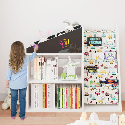 White Kids Bookshelf Wood Toy Storage Organizer Cabinet Children Bookcase Toddler Baby Sling Book Rack 3 Cube Bins Fabric Drawers for Playroom Bedroom Nursery School