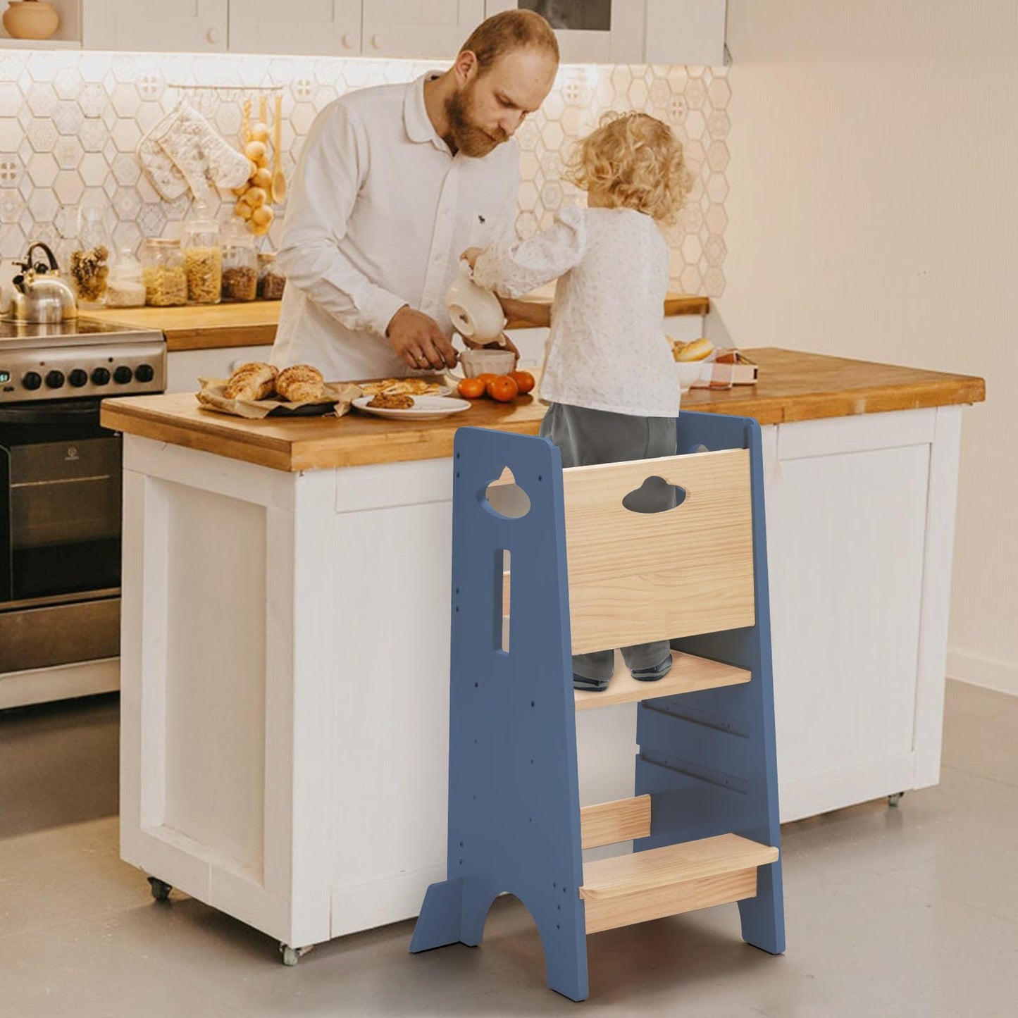 COSYLAND Toddler Standing Tower Adjustable Height - Super Stable Kids Kitchen Stool Helper - 3 Levels Adjustable Wooden Toddler Kitchen Stool (Natural & Navy Blue)