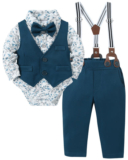 YUEMION Baby Boy Clothes Wedding Outfit Suits, 0-18 Months Infant Boy Gentleman Set, Dress Shirt+Vest+Suspender Pants+Bowtie