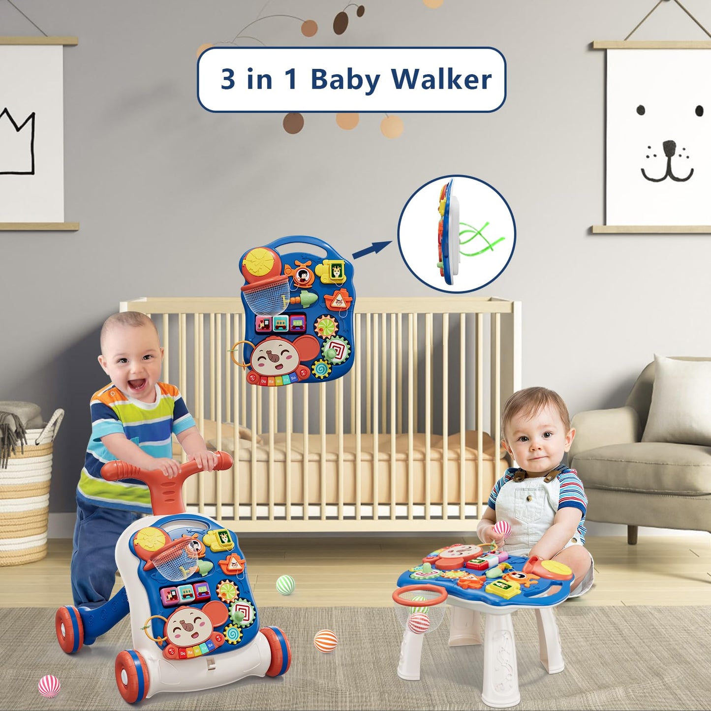 QDRAGON 3 in 1 Baby Walker and Activity Center for Girl, Learning to Walk, Sit to Stand, Early Educational Push Toys with Music Panel for Infant Toddler 12+ Months Pink
