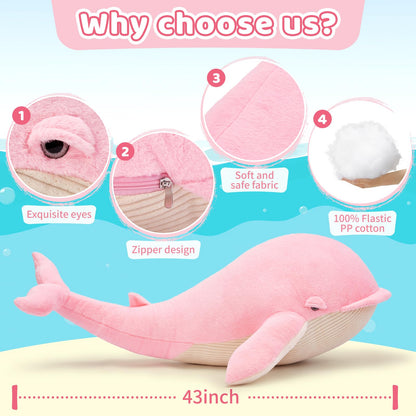 Tezituor 43.3 inch Giant Whale Stuffed Animal, Large Stuffed Whale Plush Ocean Toys, Hugging 4ft Soft Whale Plush Pillow for Girls Boys