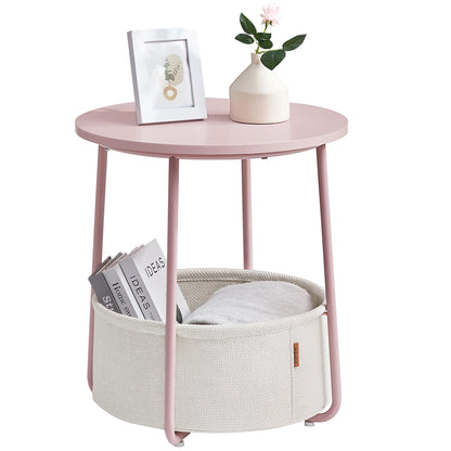 VASAGLE End Table, Small Bedside Table with Fabric Basket, Modern Nightstand, Round Side Table, for Living Room, Bedroom, Matte White and Camel Brown ULET223W10