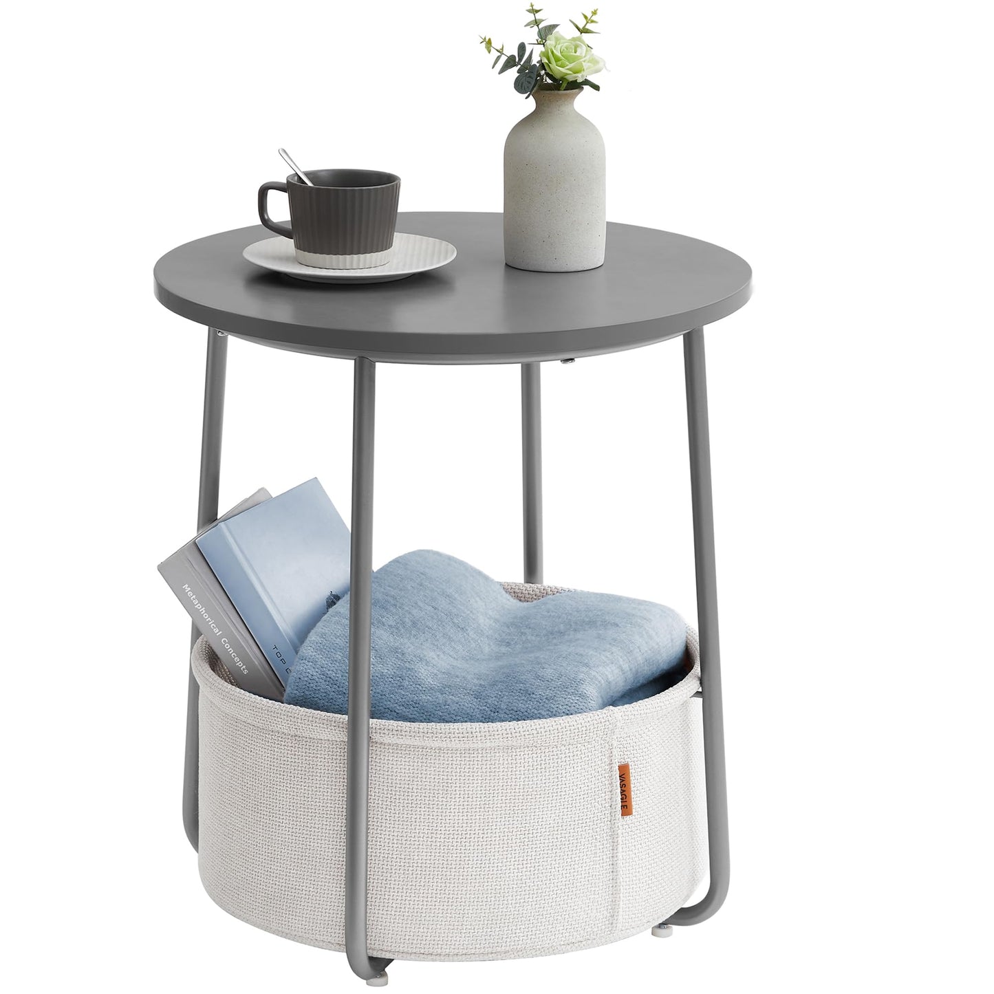 VASAGLE End Table, Small Bedside Table with Fabric Basket, Modern Nightstand, Round Side Table, for Living Room, Bedroom, Matte White and Camel Brown ULET223W10
