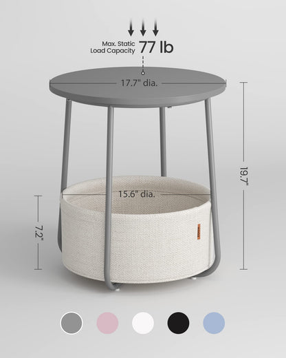 VASAGLE End Table, Small Bedside Table with Fabric Basket, Modern Nightstand, Round Side Table, for Living Room, Bedroom, Matte White and Camel Brown ULET223W10