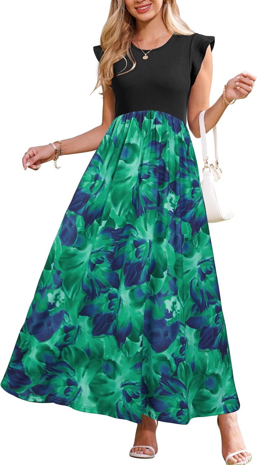 OUGES Women 2025 Spring Summer Dresses Maternity Sleeveless Ribbed Fashion Casual Outfits Maxi Dress with Pockets