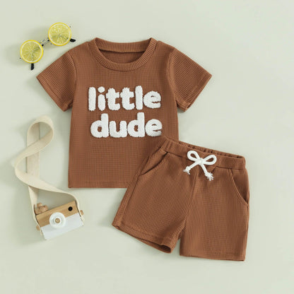 Toddler Baby Boy Summer Clothes Embroidered Waffle Short Sleeve T-Shirts Elastic Shorts Newborn Infant Boy Outfits