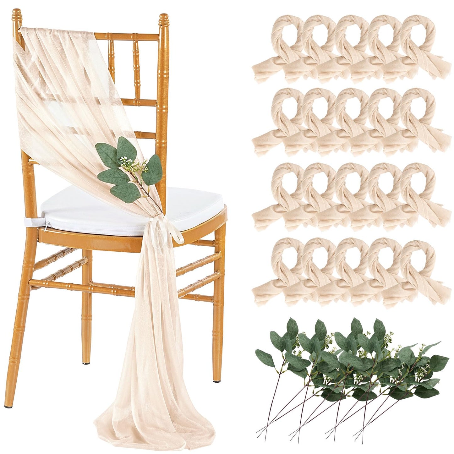 QueenDream Light Blue Sashes Chair Aisle Decorations: 24 Pack Baby Shower Chair Cover 8FT Long Tulle Draping Fabric Wedding Reception Church