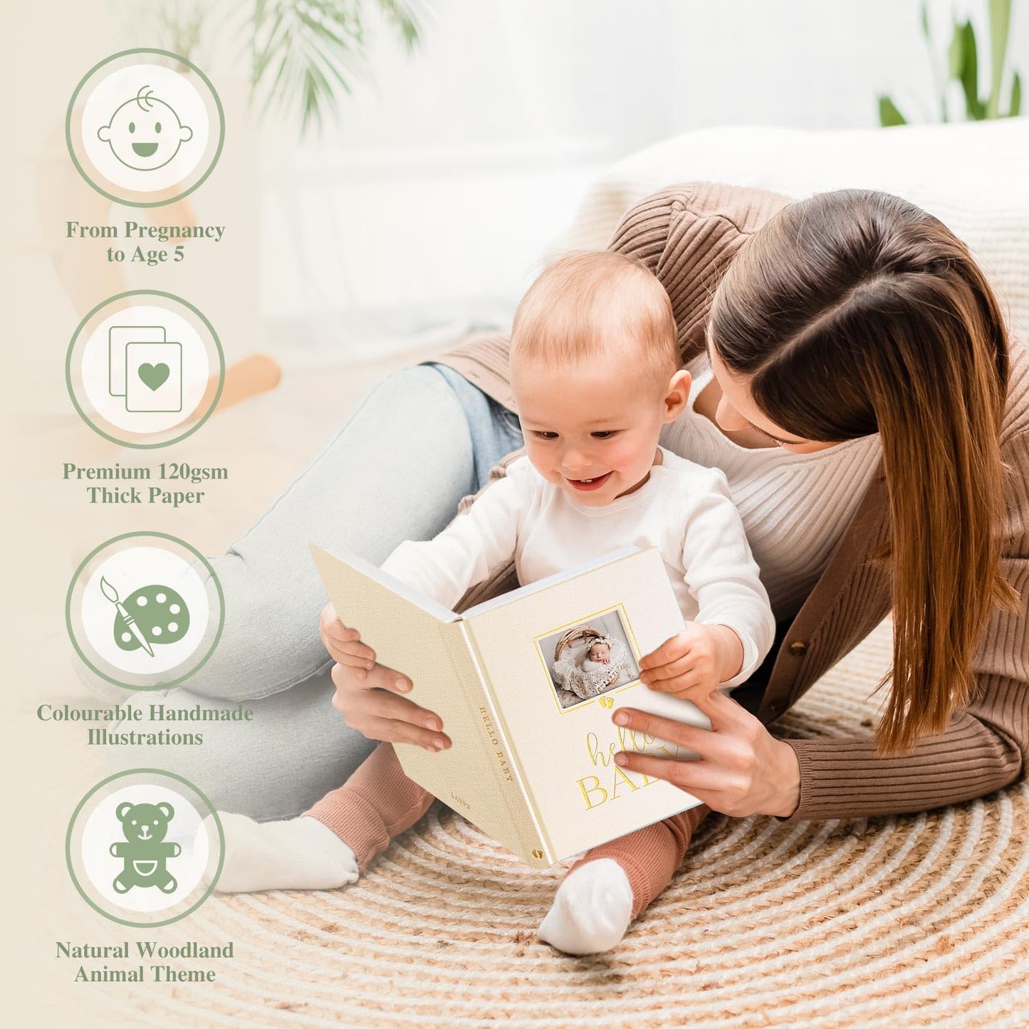Lanpn Hello Baby Memory Book, Newborn First 5 Year Keepsake with DIY Window, Linen Baby Book Memories Journal Scrapbook Photo Book, Baby Milestone Album for Boy Girl New Parents (Beige, 154 Pages)