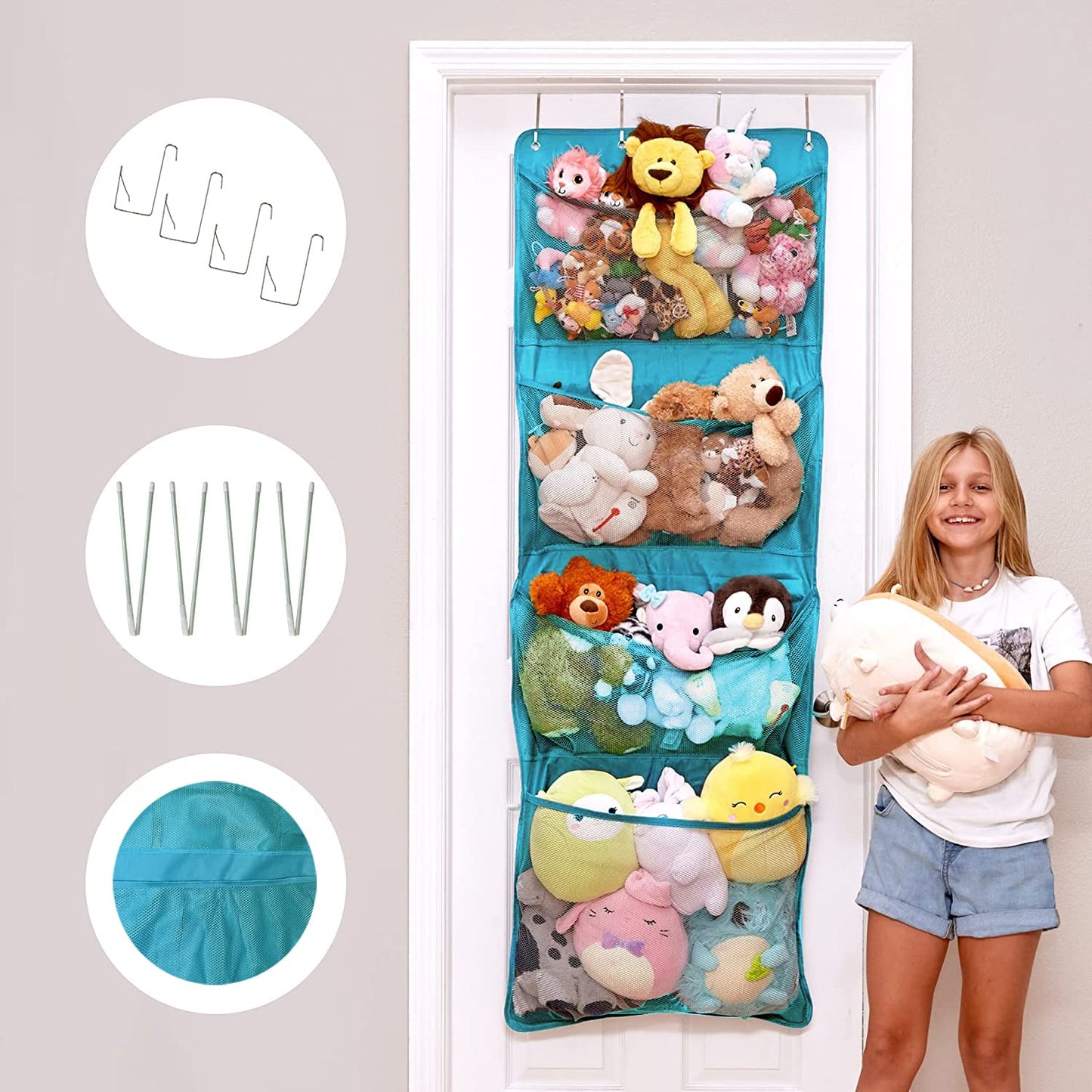 Lilly's Love Corner Stuffed Animal Toy Storage Hanging Organizer | 5 Expandable Mesh Net Pockets, Stores Loads of Plush Toys | Large Plushie Display for Boys, Girls | Pink