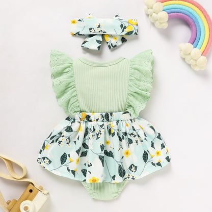 Sinhoon Baby Girl Clothes Newborn Ruffled Sleeveless Romper Floral Dreesy Bodysuit Heaedband 3pcs Baby Girl Summer Clothes