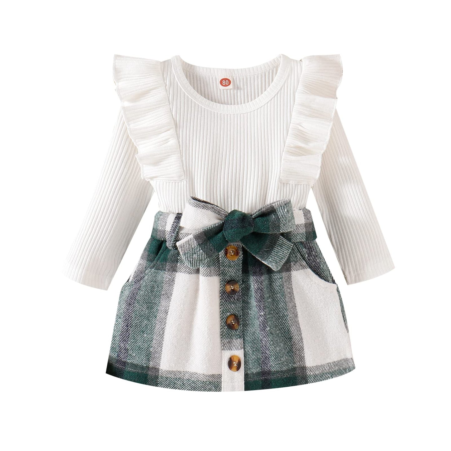 Noubeau Toddler Baby Girls Plaid Outfits Knit Ribbed Sweatshirt Shirt Tops Red Plaid Belt Skirt Fall Winter Clothes