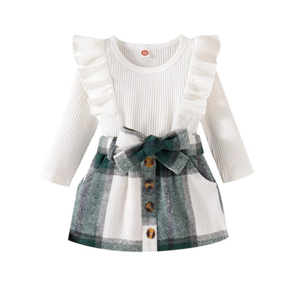 Noubeau Toddler Baby Girls Plaid Outfits Knit Ribbed Sweatshirt Shirt Tops Red Plaid Belt Skirt Fall Winter Clothes