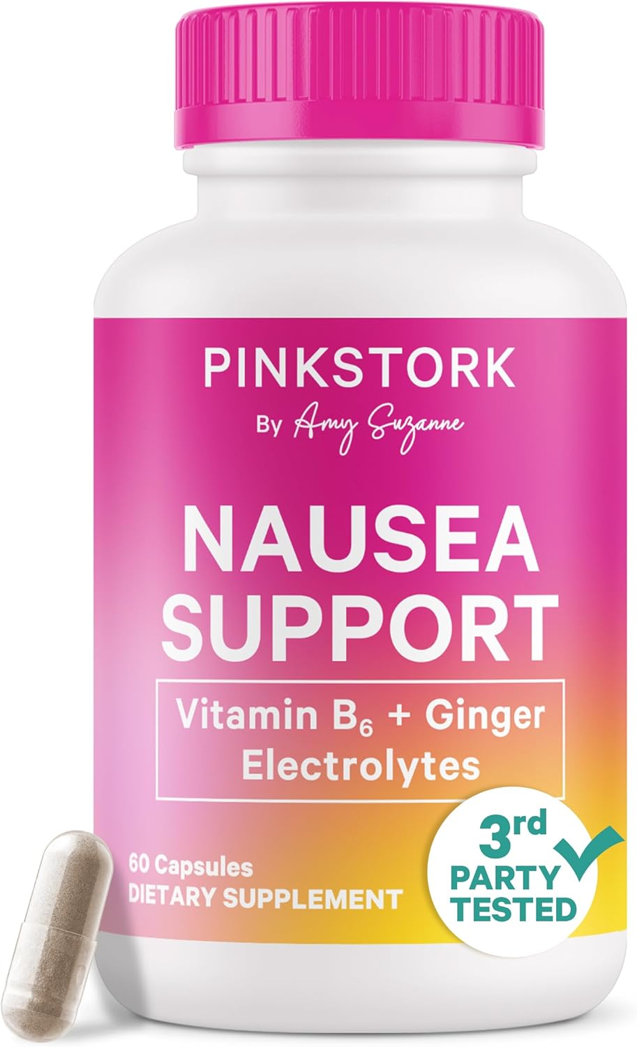 Pink Stork Vitamin B6, Ginger, Electrolyte Capsule - Natural Digestive Support with Peppermint, Potassium, Magnesium - Gentle on The Stomach - Pregnancy, + Motion Sickness Must Haves - 60ct