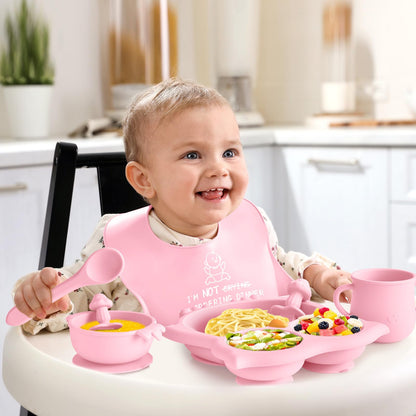 Silicone Baby Feeding Set, 8 Pcs Baby Led Weaning Supplies, Baby Feeding Essentials for 6+ Months, Toddler Weaning Set with Bib, Baby Plate and Bowl with suction(Pink-ToiyBosm Design)