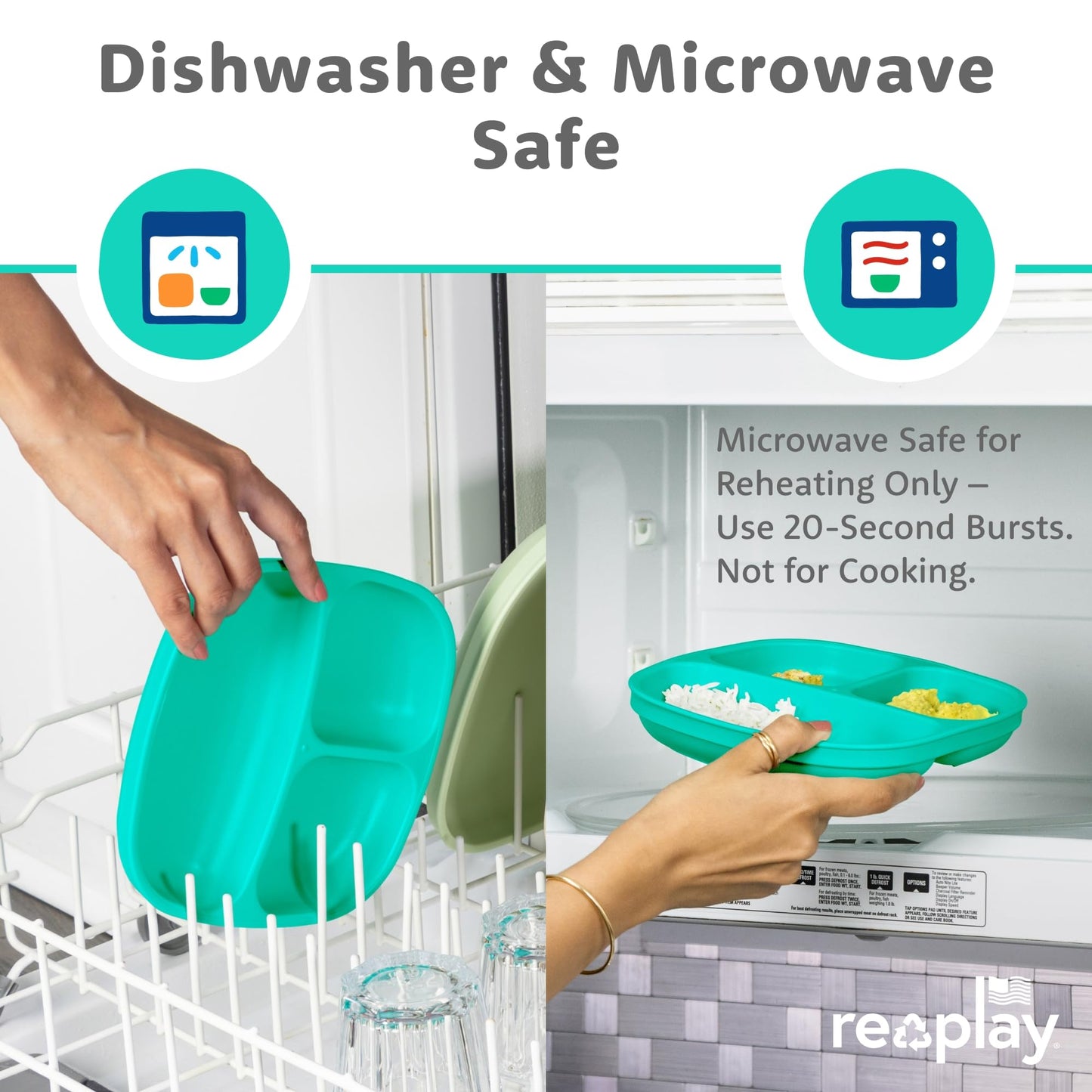 Re-Play Toddler Plates with Dividers - Deep-Walled 3 Compartments Divided Plates for Kids - Dishwasher & Microwave Safe - Made in USA - Set of 3-7.37" x 7.37" x 1.25" - Princess