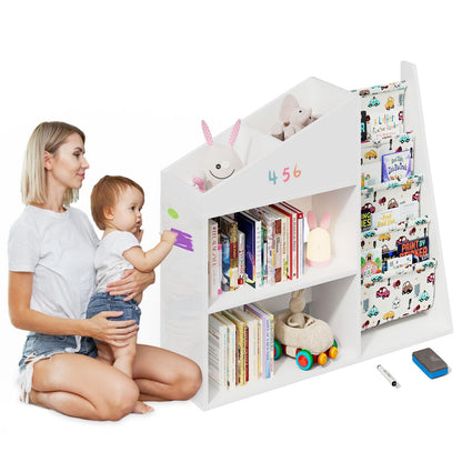 White Kids Bookshelf Wood Toy Storage Organizer Cabinet Children Bookcase Toddler Baby Sling Book Rack 3 Cube Bins Fabric Drawers for Playroom Bedroom Nursery School