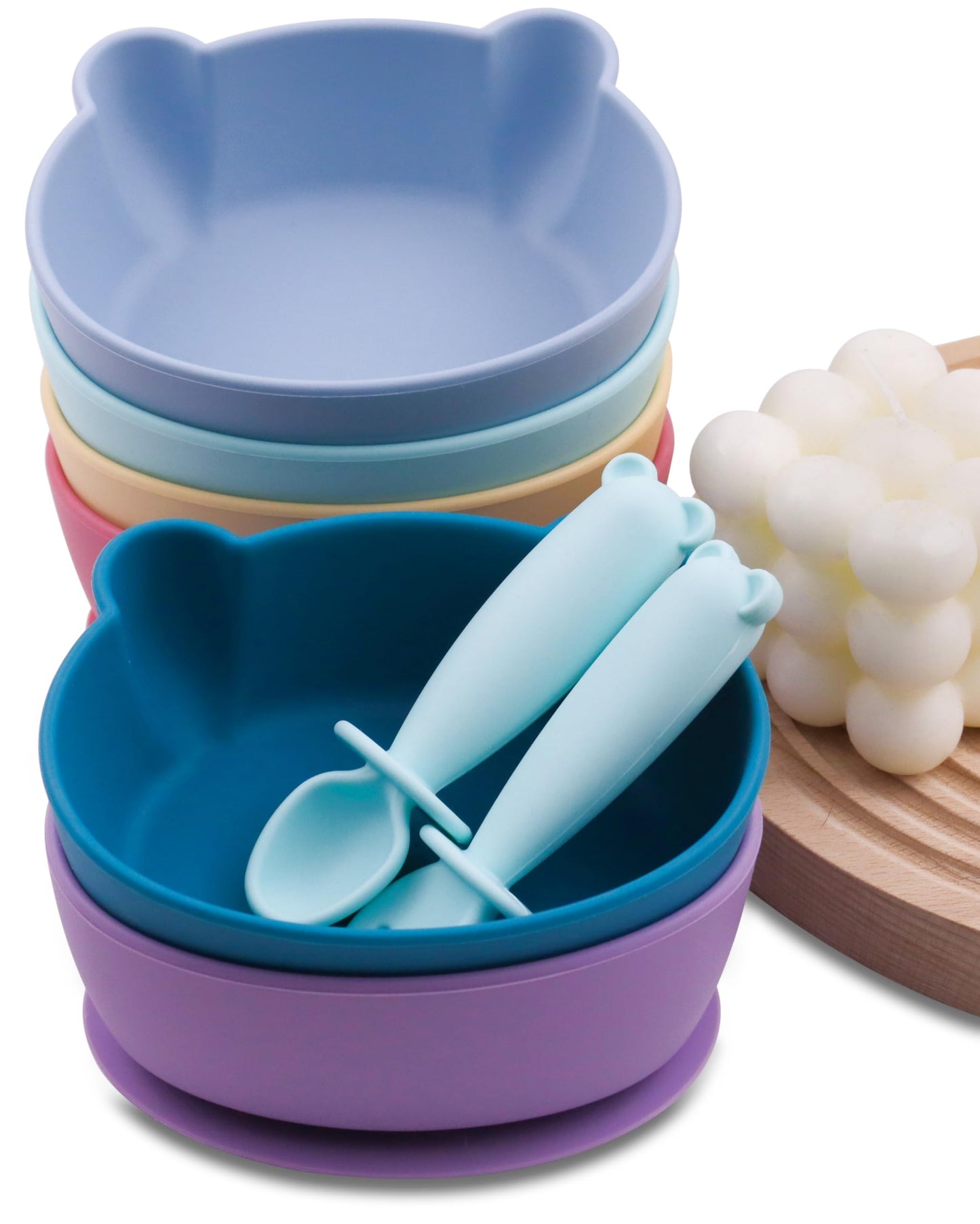 Bear Silicone Baby Bowl Suction Baby Spoon and Fork for Babies 6 months+ Suction Bowls for Baby Utensils 6-12M+ BLW Essentials (Peach Lilac)