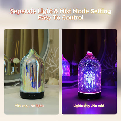 Essential Oil Diffuser Hand Blown Glass Aromatherapy Diffuser - Ultrasonic Cool Mist Scent Aroma Diffuser, Whisper Quiet with Auto Shut-Off, Timer Setting &7 Colors Night Light for Home