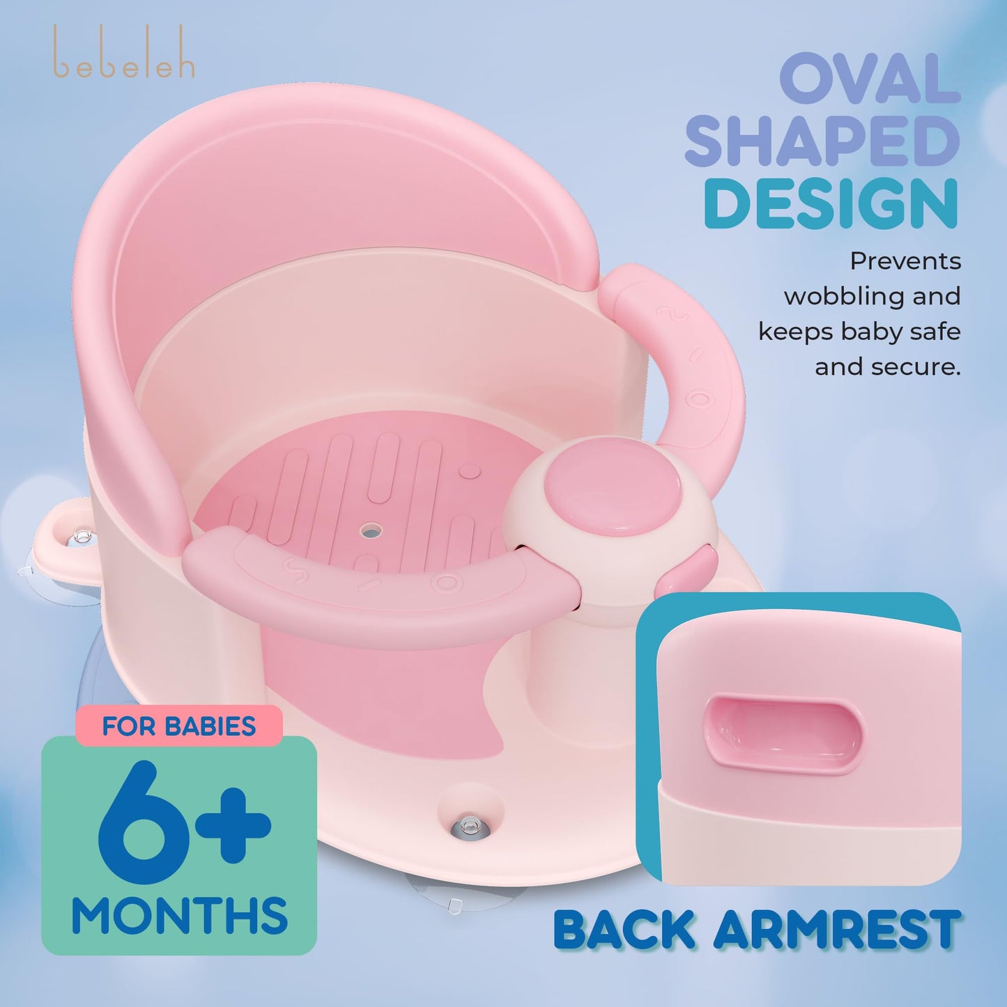 BEBELEH™ Baby Bath Seat for Babies 6 Months & Up - Safe Infant and Toddler Baby Bathtub Seat for Sitting Up - Baby Bath Tub Baby Tub Seat for Shower (Pink)