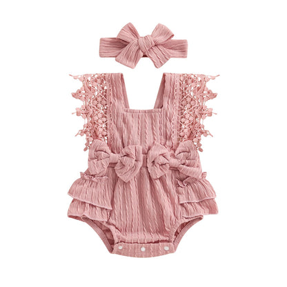 Newborn Baby Girl Lace Romper Ruffle Sleeveless Backless One Piece Jumpsuit Bodysuit with Headband Summer Clothes
