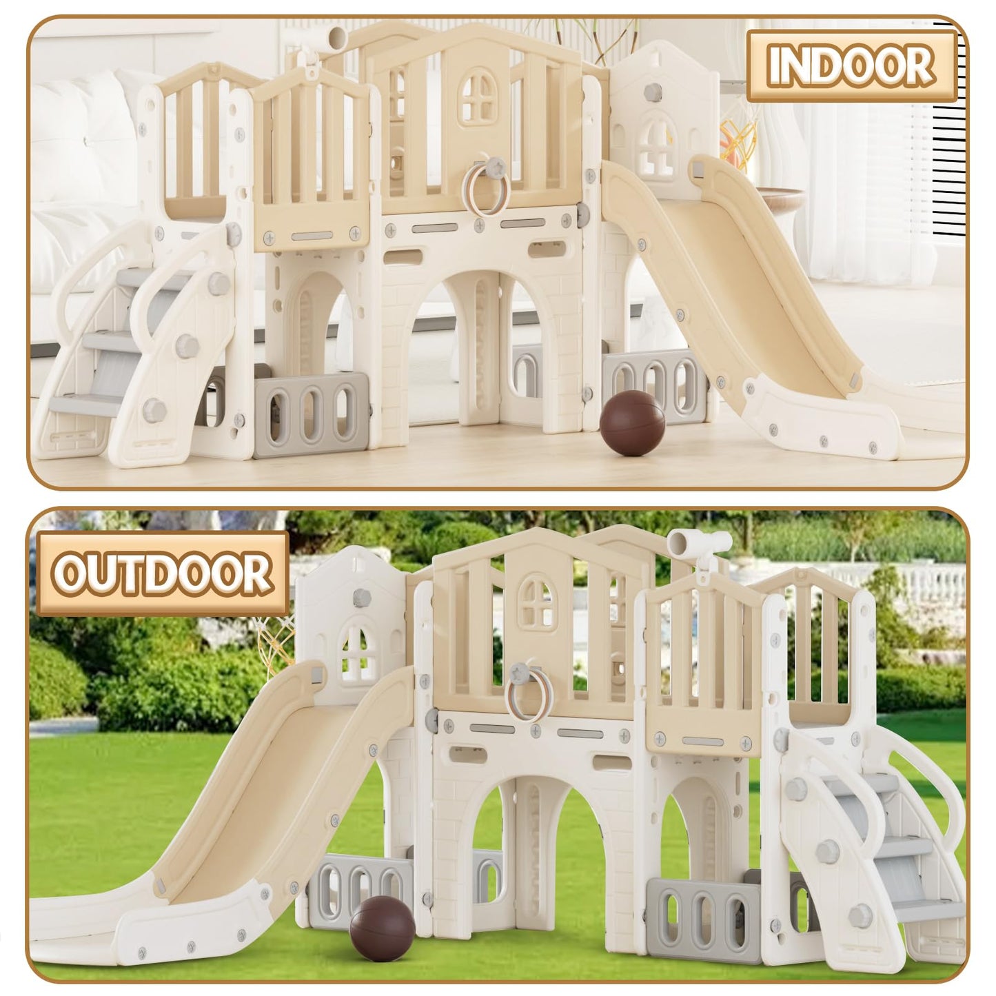 KORIMEFA 8 in 1 Toddler Slide Set, Kids Slide for Toddlers Age 1-3, Toddler Climber PlaySet with Basketball Hoop and Ball, Outdoor Indoor Kids Playground for Toddlers 1-3, Beige