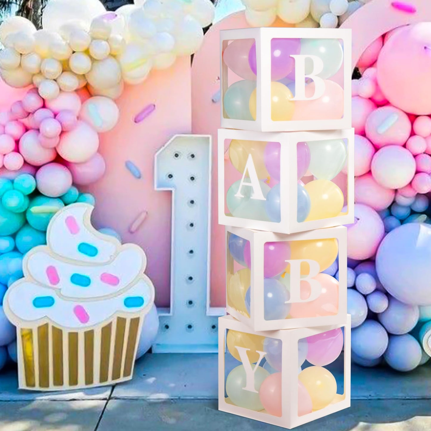 Baby Boxes with Letters for Baby Shower Decorations, Gender Reveal with 4 Pastel Balloon Boxes