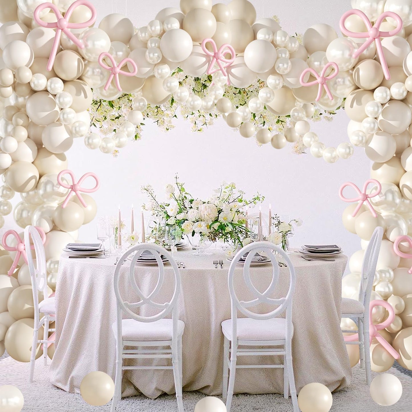 Pink Balloon Garland Arch Kit, Coquette Birthday Decorations 176Pcs Bow Long Balloons White and Pink Different Sizes for Wedding Bridal Baby Shower Bachelorette Party