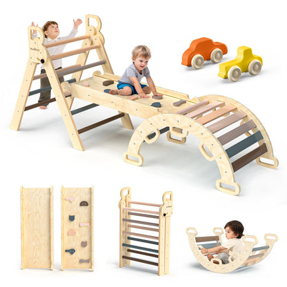 BlueWood Pikler Triangle Set 7-in-1 Foldable Baby Climbing Wooden Toys with Arch&Ramp&Ladder Climber Indoor Jungle Gyms for Toddlers - Rainbow